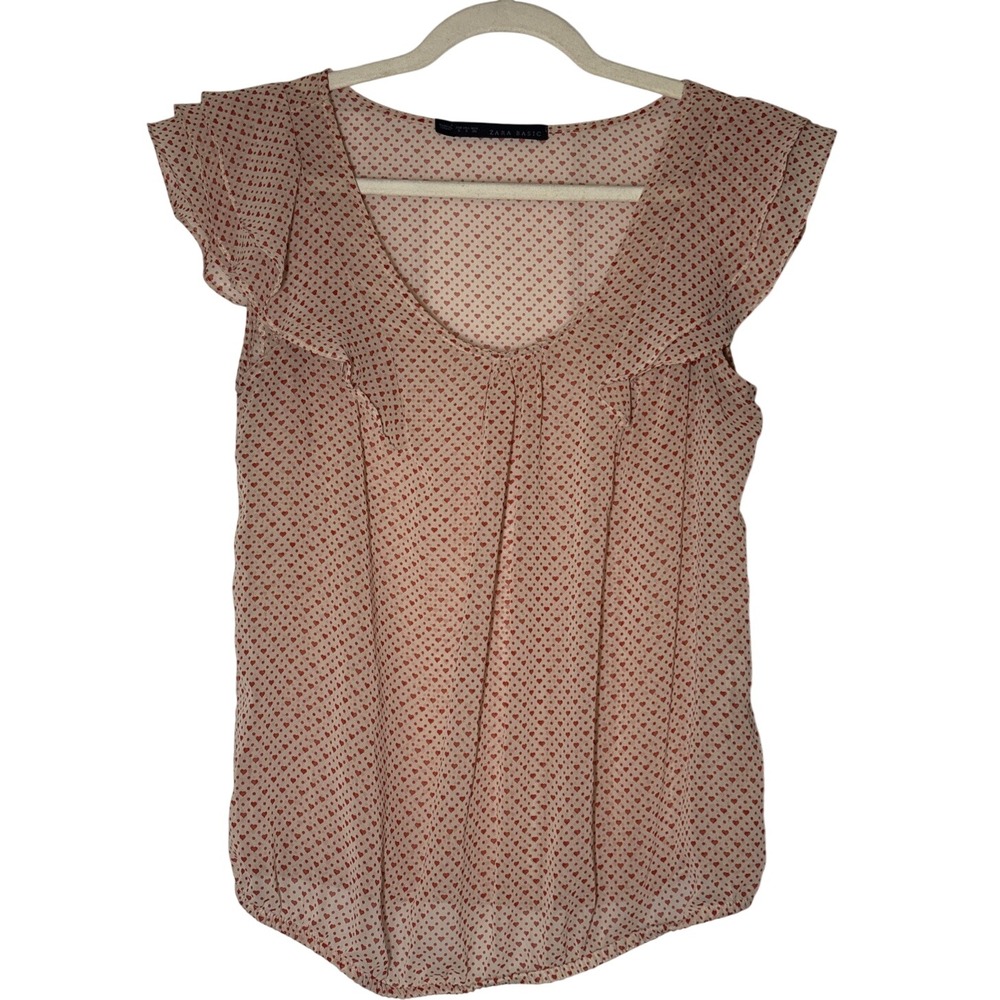 Zara Basic Blouse Women Cream Red Excellent Heart Print Ruffle Cap Sleeve Small